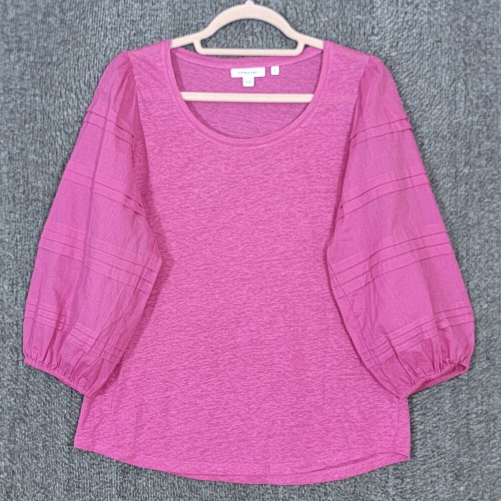Chicos Blouse 0 Womens S Magenta Pink Linen Scoop Neck Pintuck 3/4 Puff Sleeve